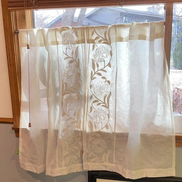 Anthropologie Embroidered Manette Cotton Linen Sheer Café Curtains, Set of 2 - Picture 8 of 8